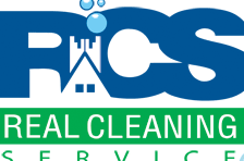 image with blue initials RCS with green banner displaying company name Real Cleaning Service including tagline not just clean real clean  